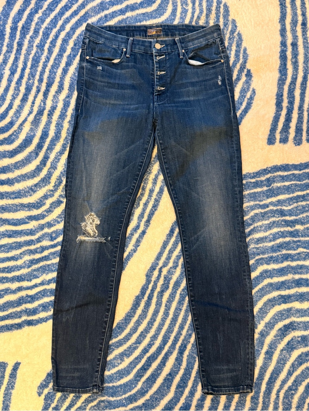 MOTHER The Pixie - EchoDark Blue Skinny Button-Fly Jeans distressed knee size 30
